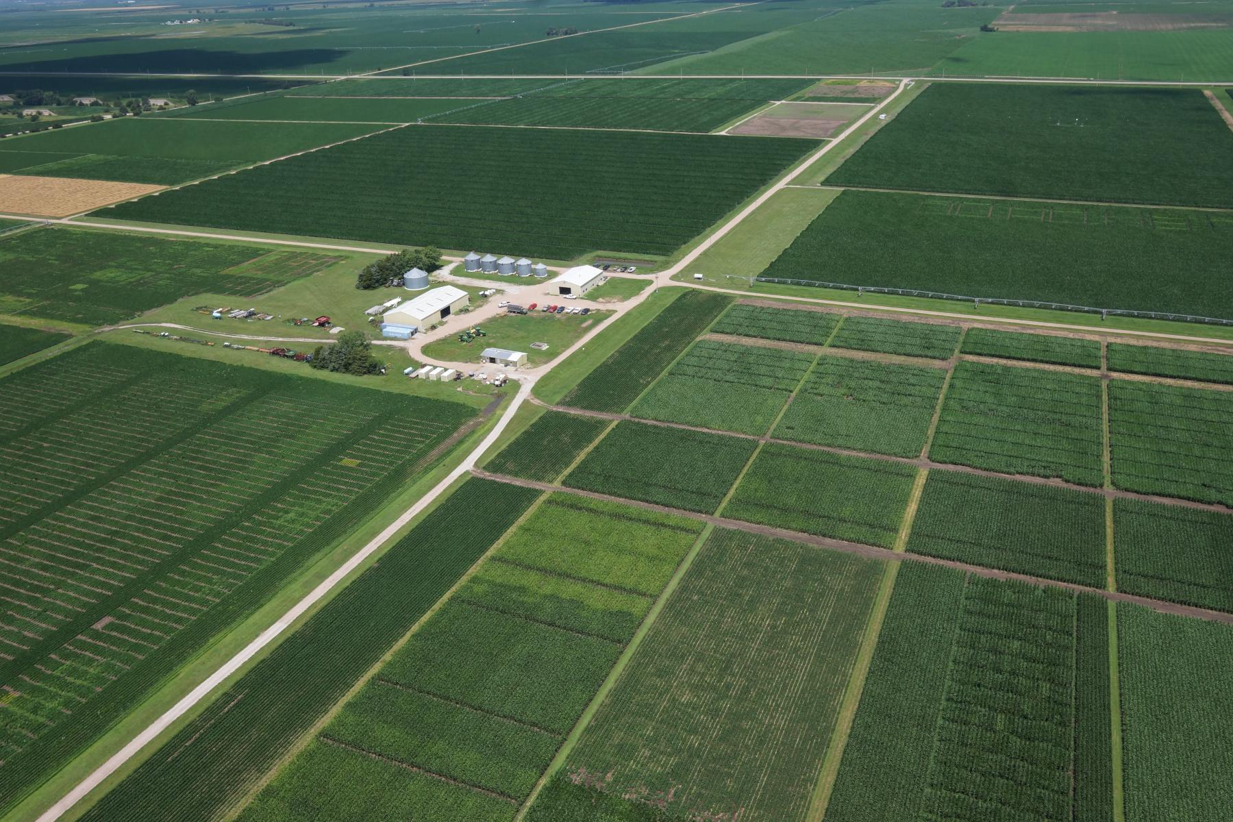 Soil fertility, weed management and crop variety research trials. SCAL research facilities are located near the center of the photograph.